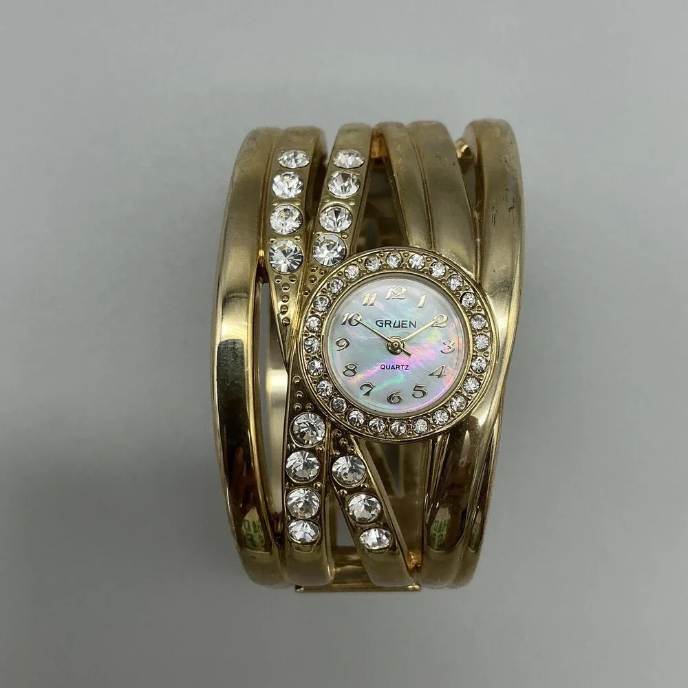 Gruen Womens Watch 35mm White Dial Gold Tone Crystal Cuff Bracelet New Battery